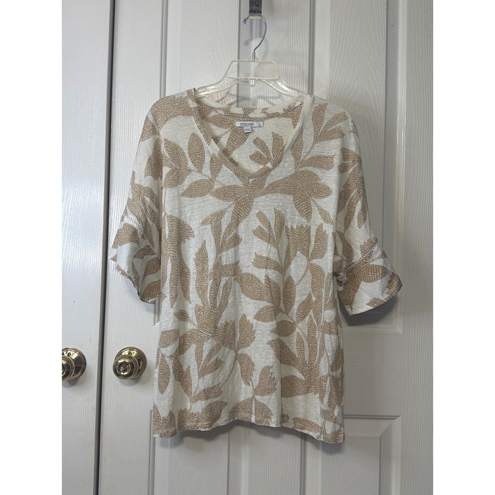 Chicos Linen Blend V-Neck Top Tan Leaf Print Bell Sleeve Lace Trim Size 3 XL